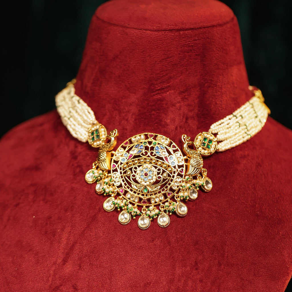 Royal Meenakari Peacock & Pachi Kundan Statement Mala Set with Multi-Strand Pearls