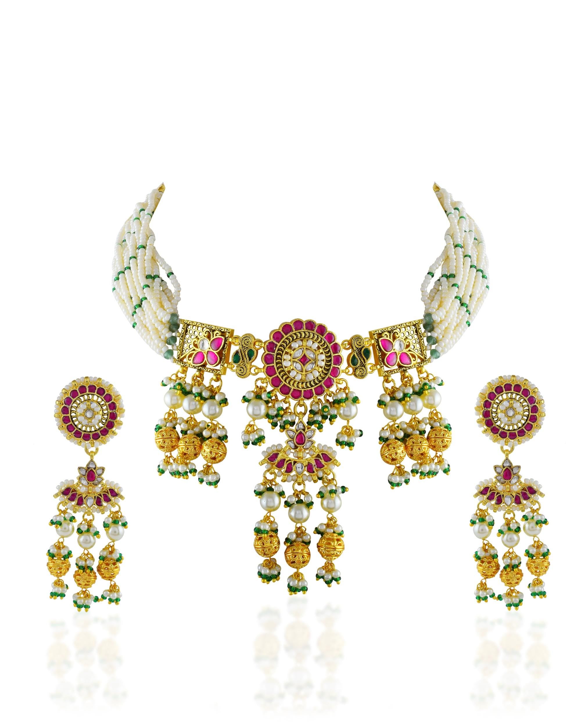 Elegant Royal Pachi Kundan & Pearl Choker Necklace Set with Lotus Motif Centerpiece