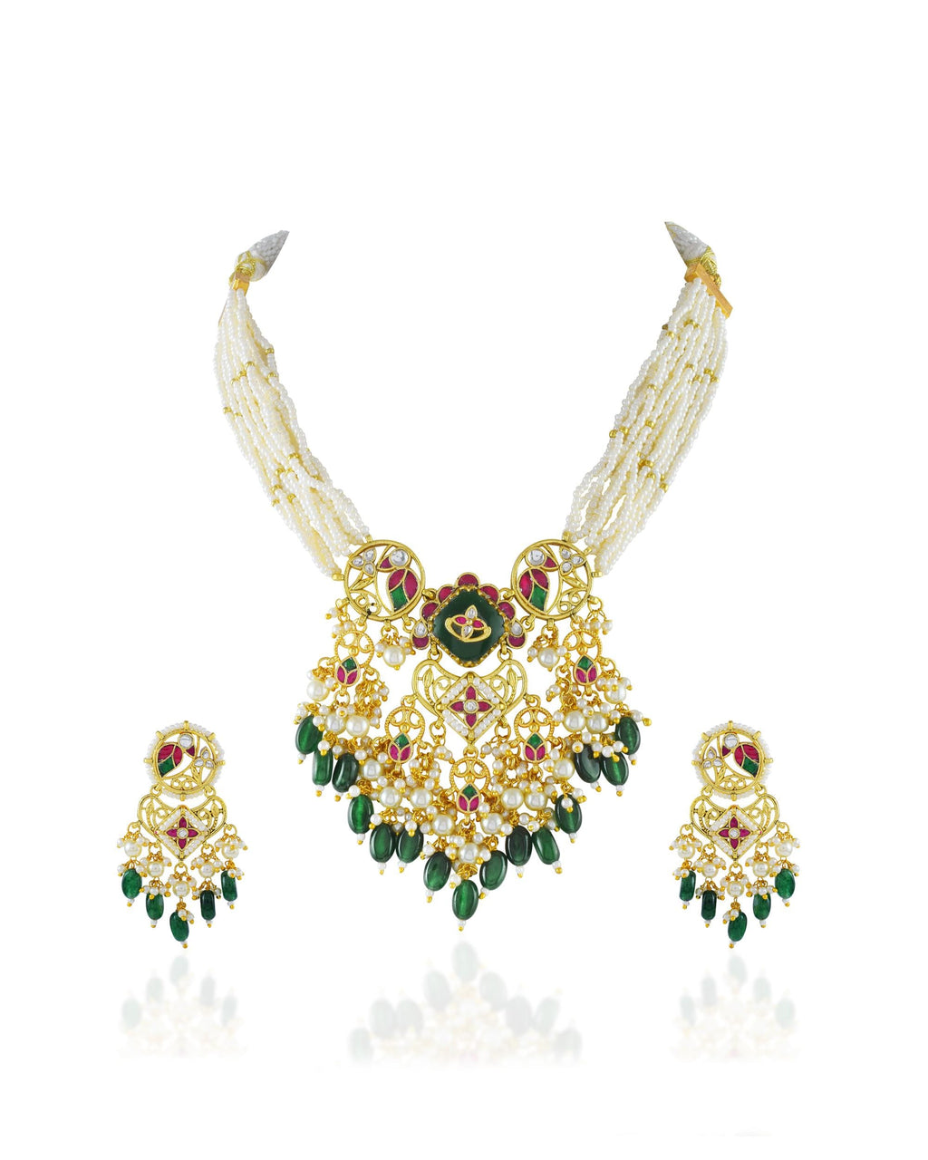 Royal Meenakari Peacock & Pachi Kundan Statement Mala Set with Forest Green Drops