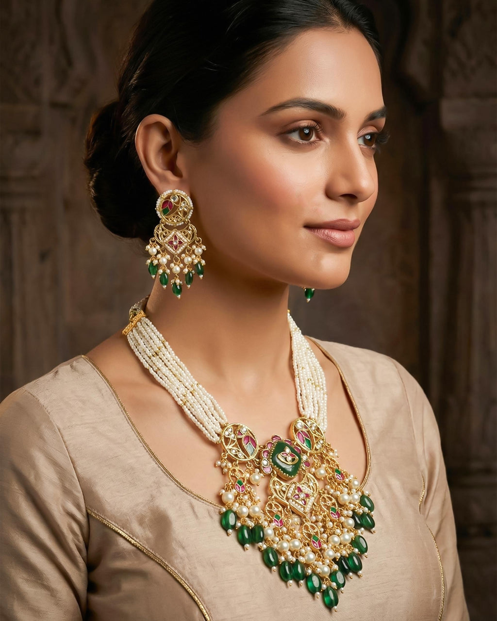 Royal Meenakari Peacock & Pachi Kundan Statement Mala Set with Forest Green Drops
