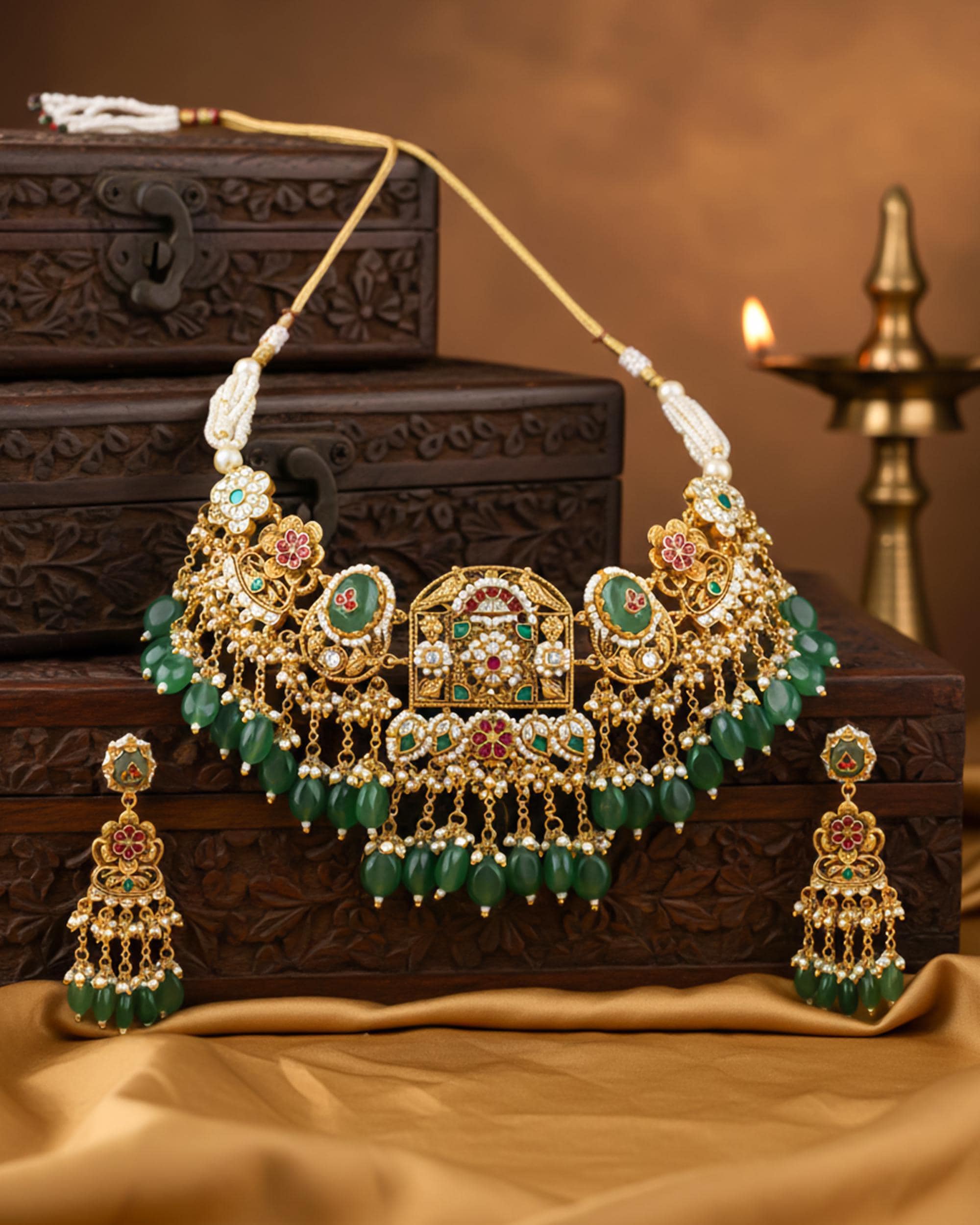 Royal Jadau Jhumka Choker Set with Mint Green Gemstone Drops