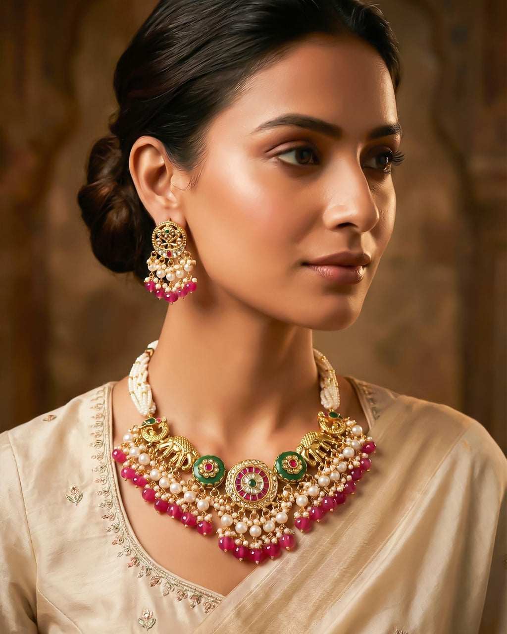 Heritage Elephant & Peacock Kundan Choker Set with Vibrant Pink Monalisa Beads