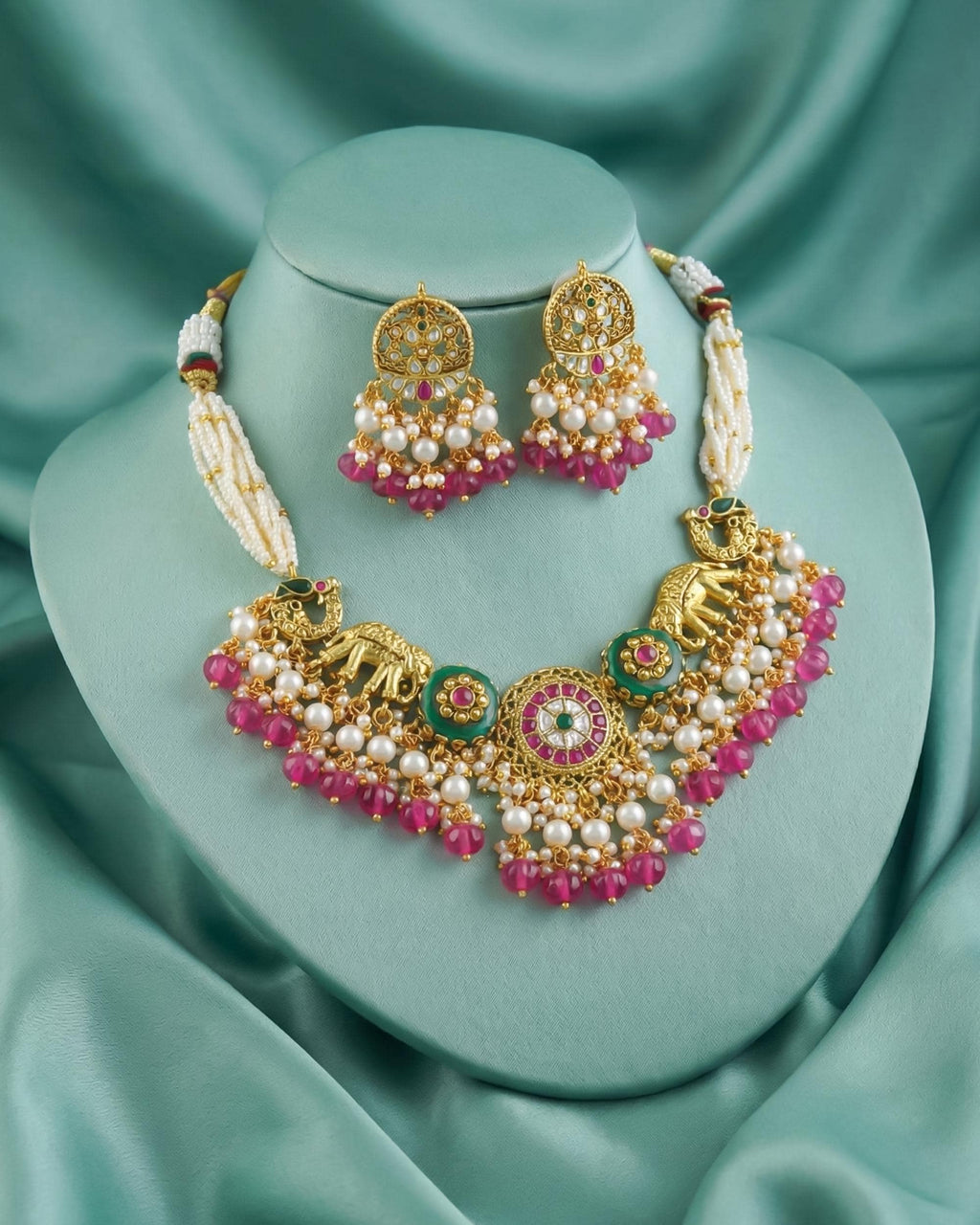Heritage Elephant & Peacock Kundan Choker Set with Vibrant Pink Monalisa Beads