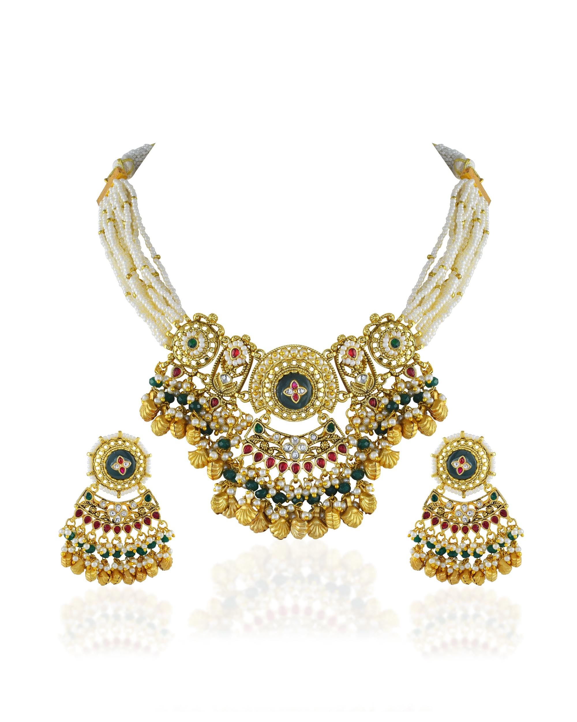 Imperial Mughal Jadau Choker Set with Emerald Green & Ruby Pink Accents