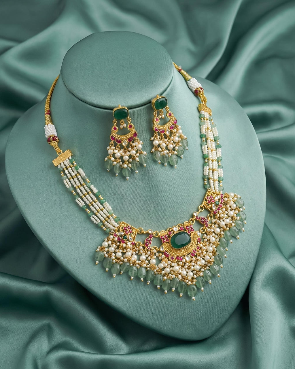 Heritage Pastel Mint & Ruby Mesh Mala Set with Cascading Pearls