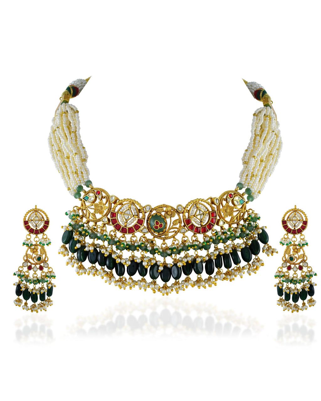 Royal Navratna-Inspired Kundan Hasli Mala Set with Deep Emerald Drops