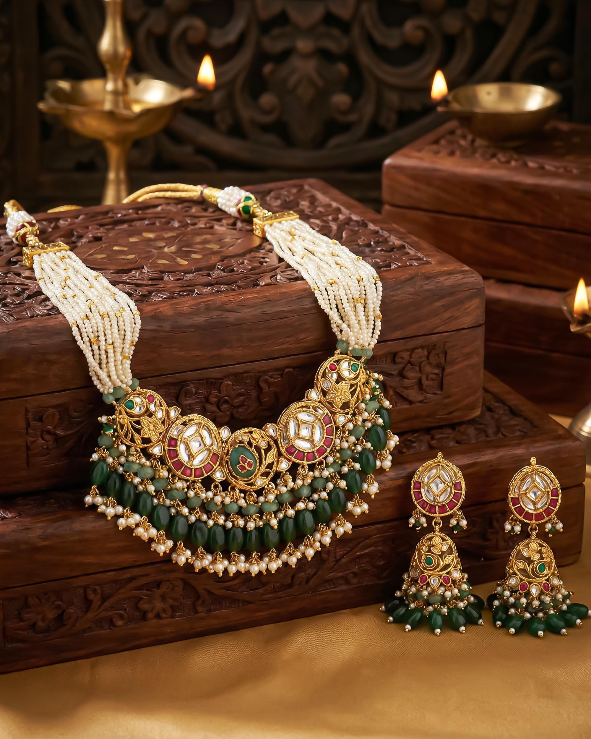 Royal Navratna-Inspired Kundan Hasli Mala Set with Deep Emerald Drops