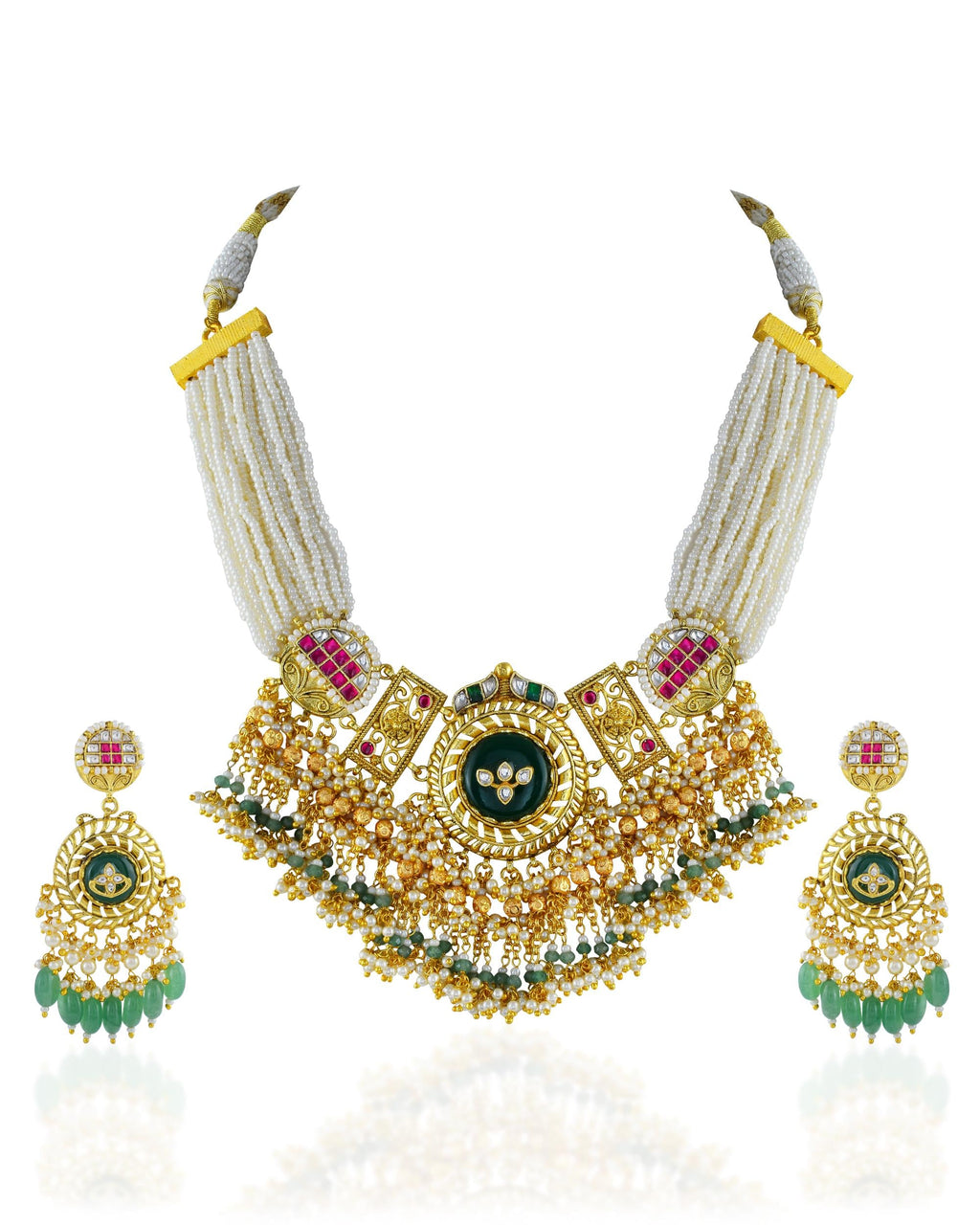 Royal Mughal Rajwadi Round Choker Set with Emerald Green Centerpiece