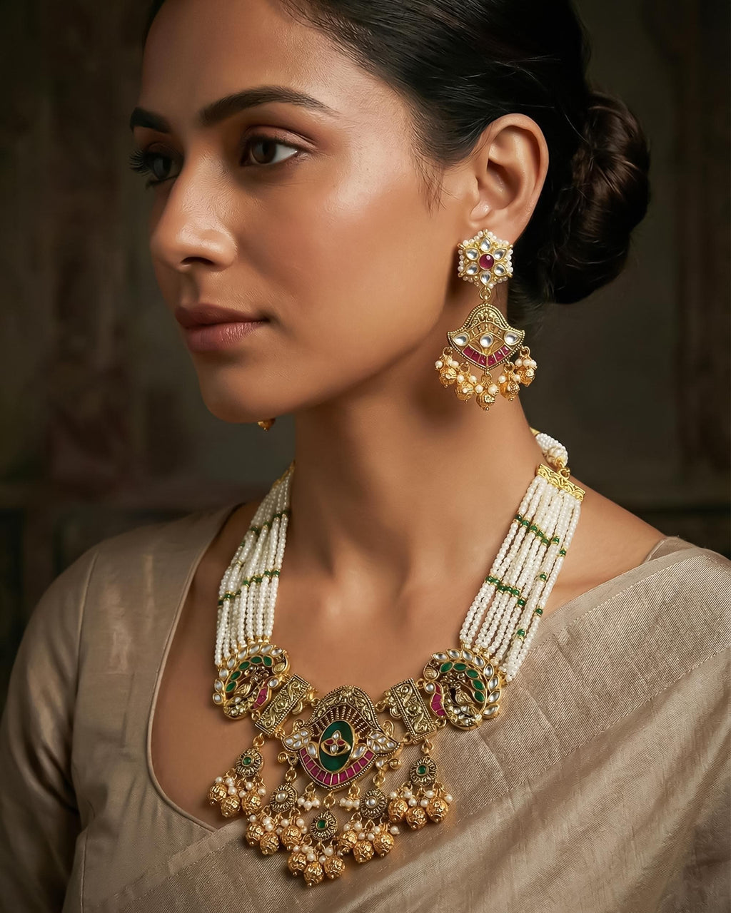 Royal Mughal Peacock Medallion Rani Haar with Multi-Strand Pearls