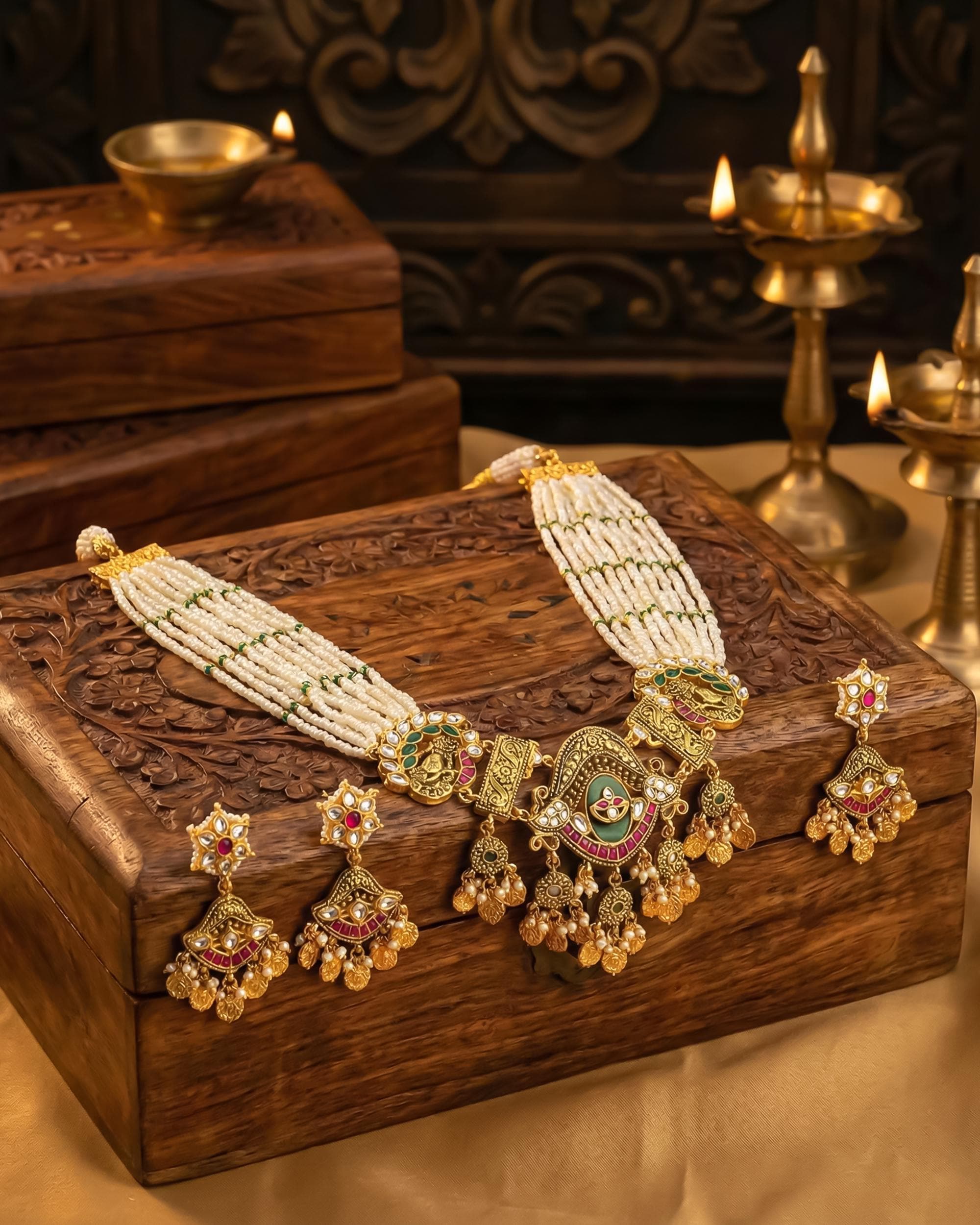 Royal Mughal Peacock Medallion Rani Haar with Multi-Strand Pearls