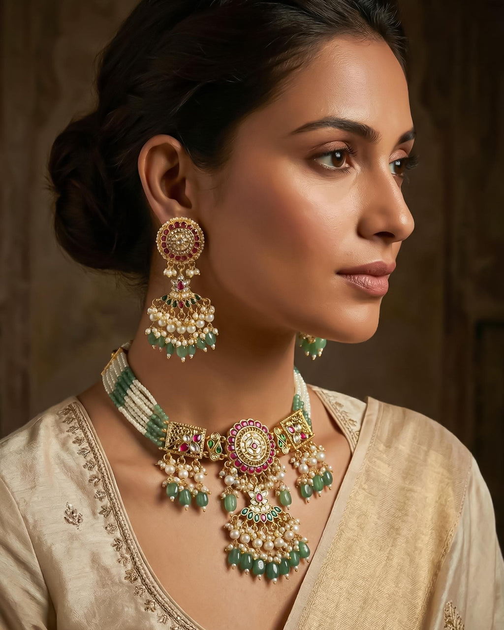 Ruby Green Kundan Choker Set, Indian Bridal Necklace, Multi Strand Pearl Necklace, Traditional Punjabi Jewelry, Bollywood Wedding Wear Set