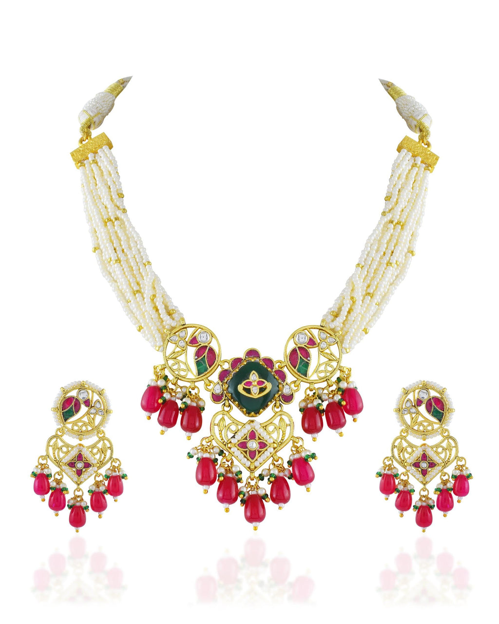 Royal Pachi Kundan Meenakari Choker Set with Pastel Pink Drops & Pearl Mesh