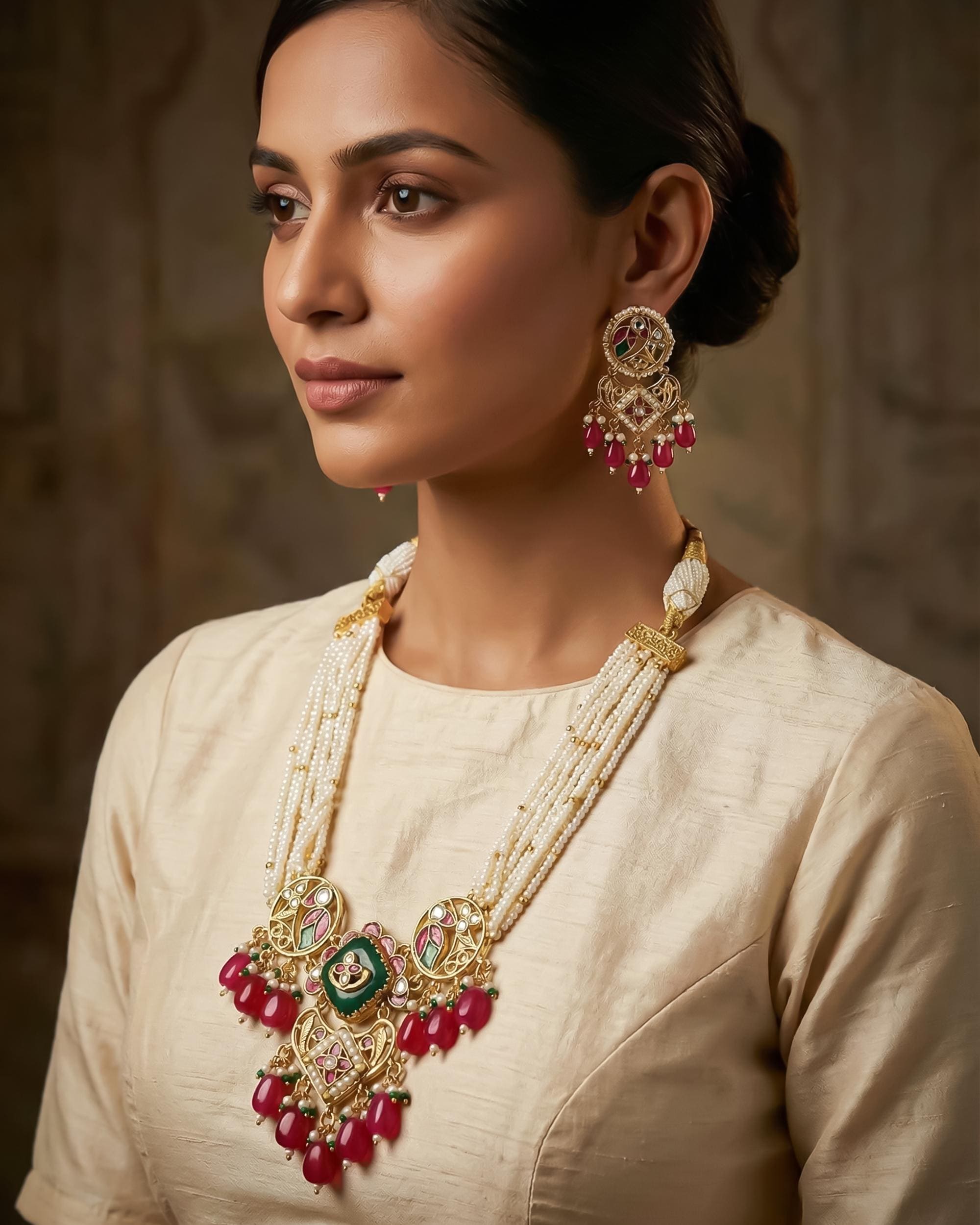 Royal Pachi Kundan Meenakari Choker Set with Pastel Pink Drops & Pearl Mesh