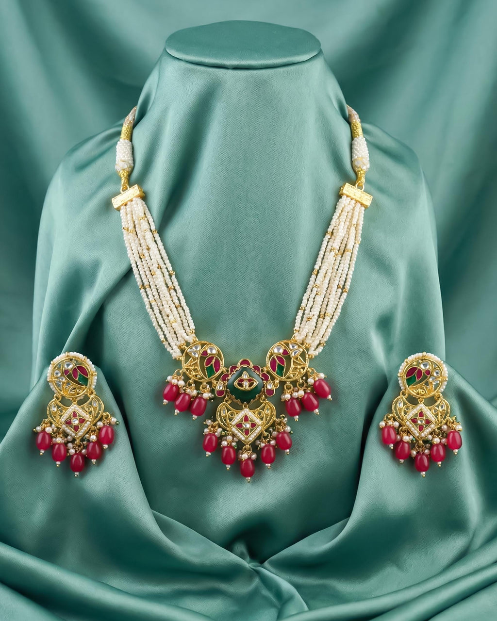 Royal Pachi Kundan Meenakari Choker Set with Pastel Pink Drops & Pearl Mesh
