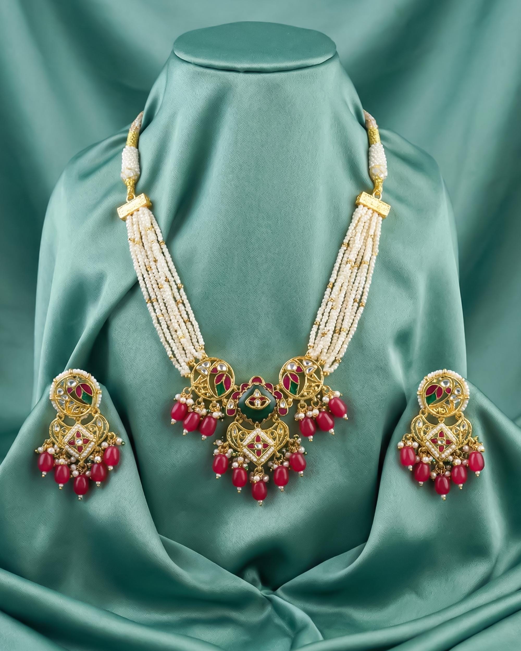 Royal Pachi Kundan Meenakari Choker Set with Pastel Pink Drops & Pearl Mesh