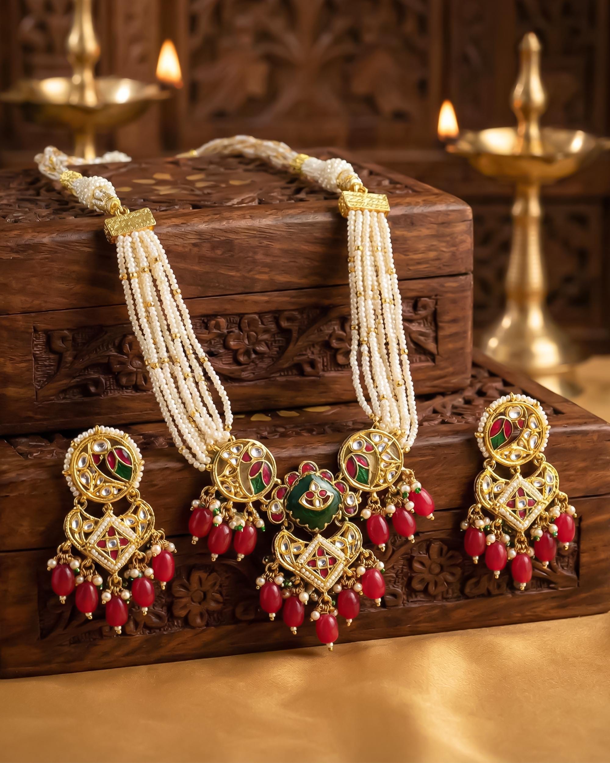 Royal Pachi Kundan Meenakari Choker Set with Pastel Pink Drops & Pearl Mesh