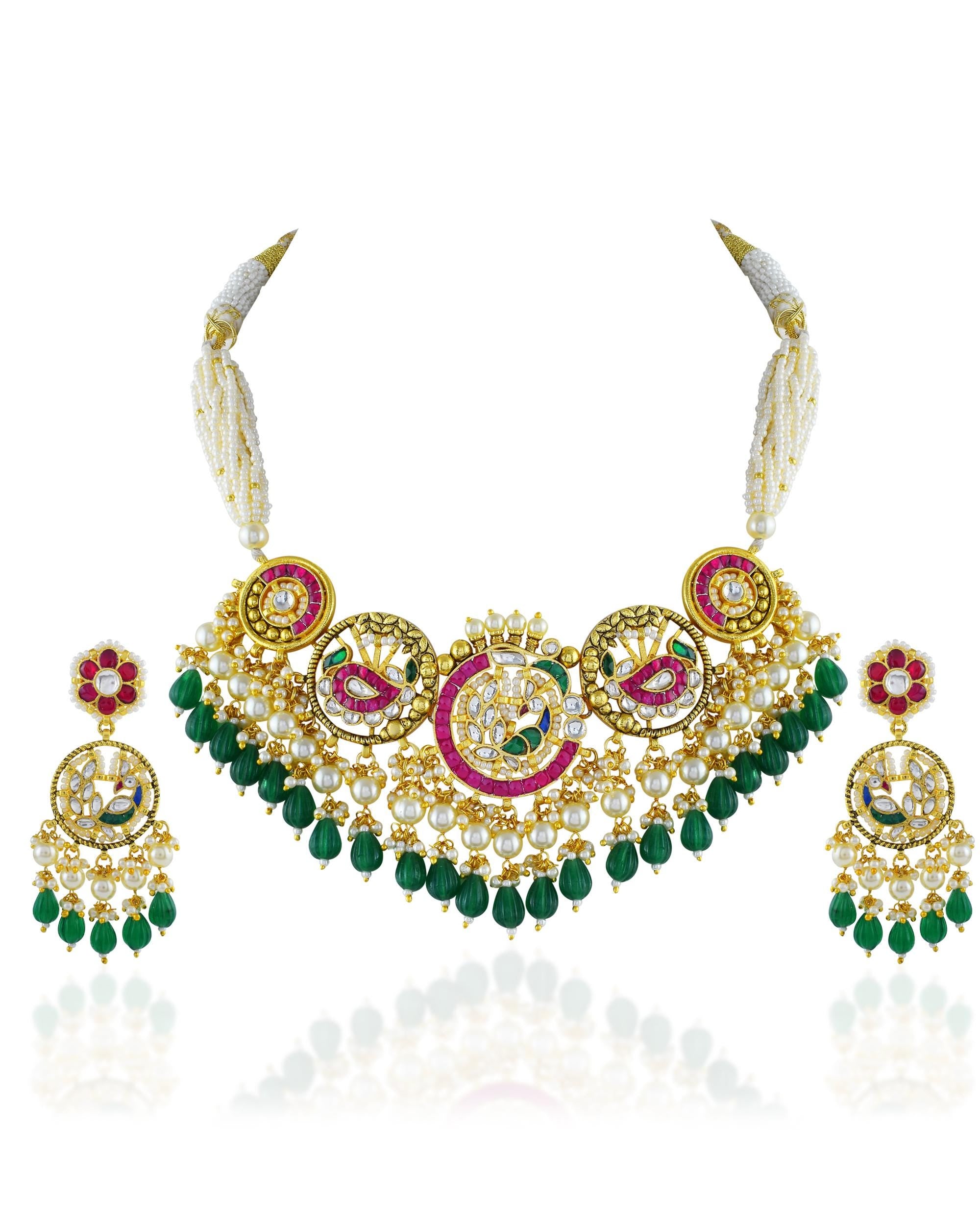 Royal Mughal Pachi Kundan Choker Set with Ruby-Pink Drops & Pearl Clusters