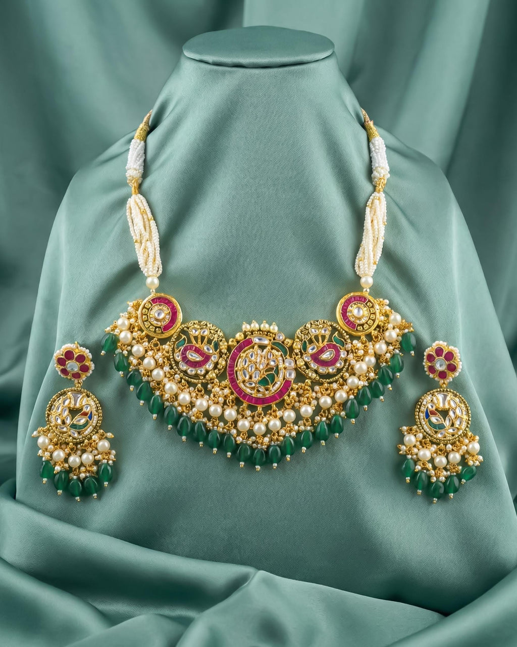 Royal Mughal Pachi Kundan Choker Set with Ruby-Pink Drops & Pearl Clusters