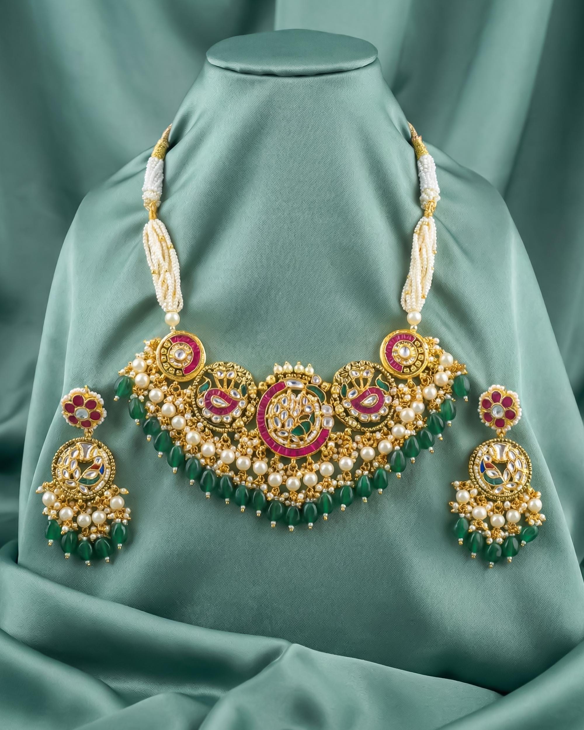 Royal Mughal Pachi Kundan Choker Set with Ruby-Pink Drops & Pearl Clusters