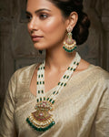 Kundan Pendant Necklace Set with Seed Pearls and Emerald Green Drops  Pakistani Bridal Jewelry