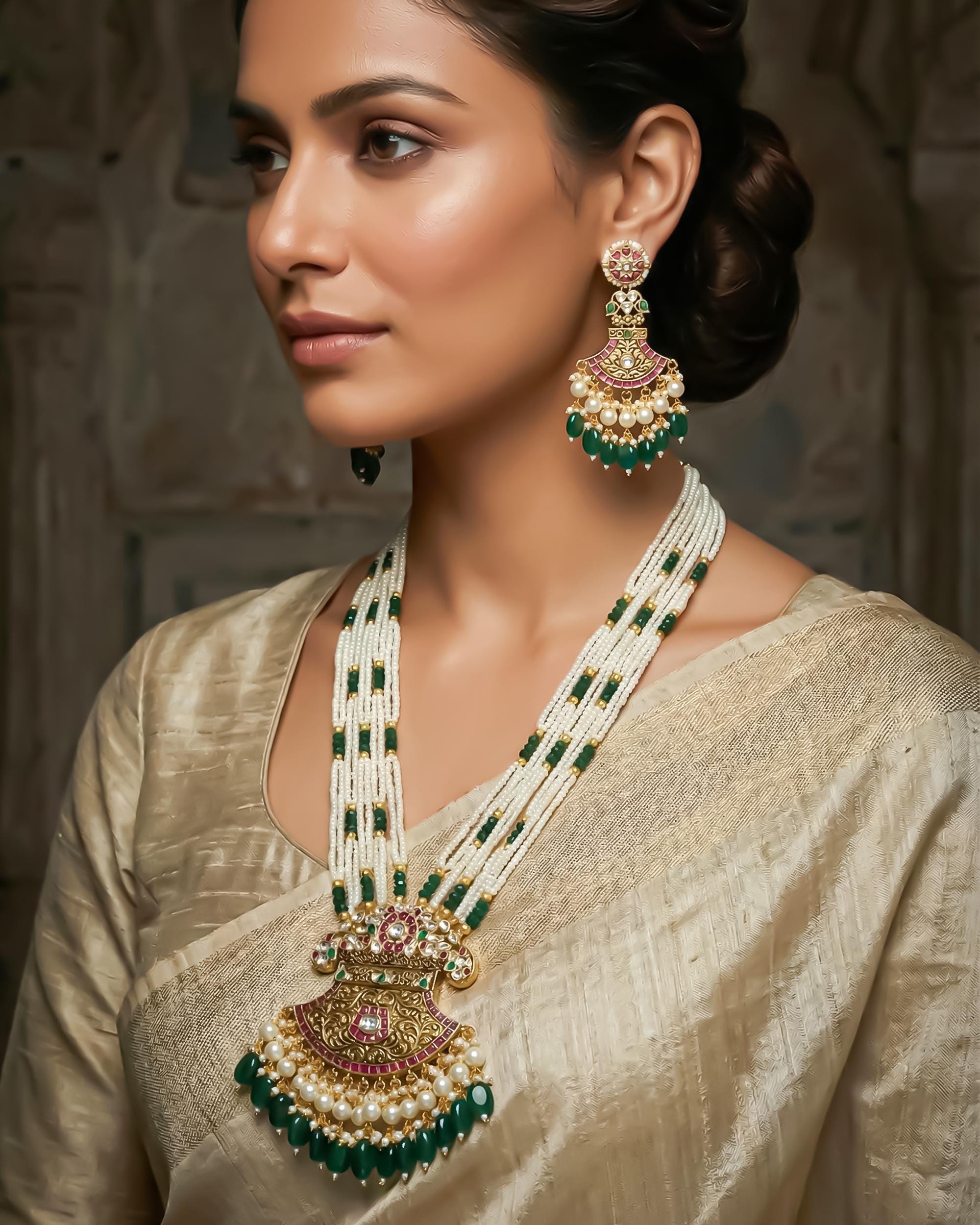 Kundan Pendant Necklace Set with Seed Pearls and Emerald Green Drops  Pakistani Bridal Jewelry