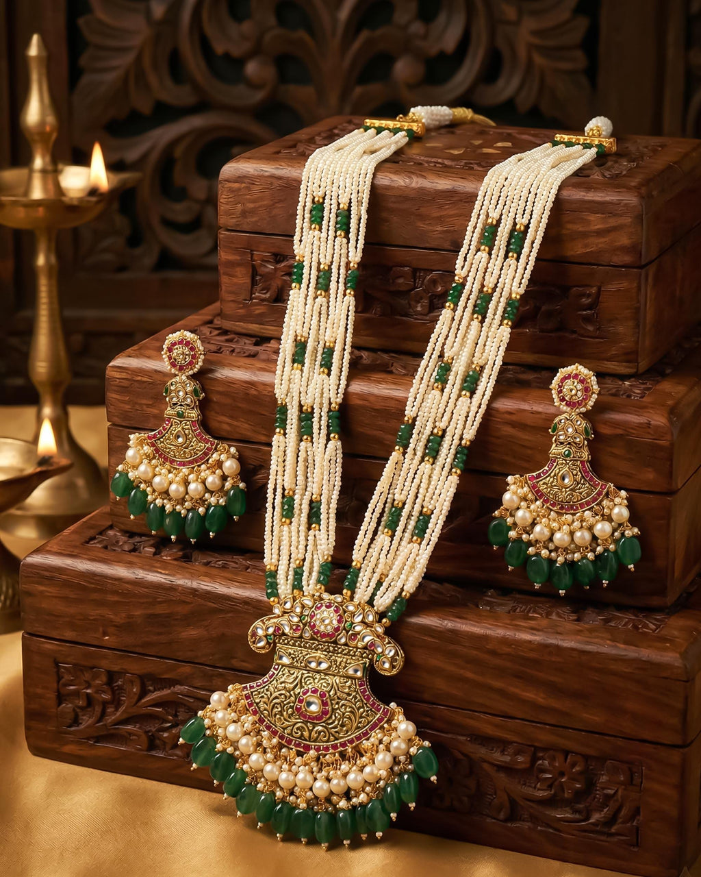 Kundan Pendant Necklace Set with Seed Pearls and Emerald Green Drops  Pakistani Bridal Jewelry