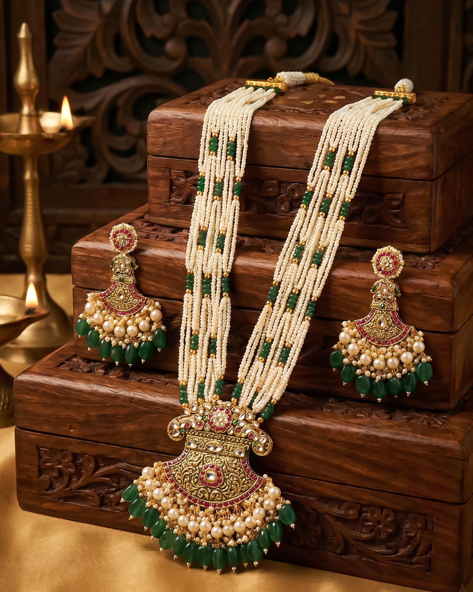 Kundan Pendant Necklace Set with Seed Pearls and Emerald Green Drops  Pakistani Bridal Jewelry