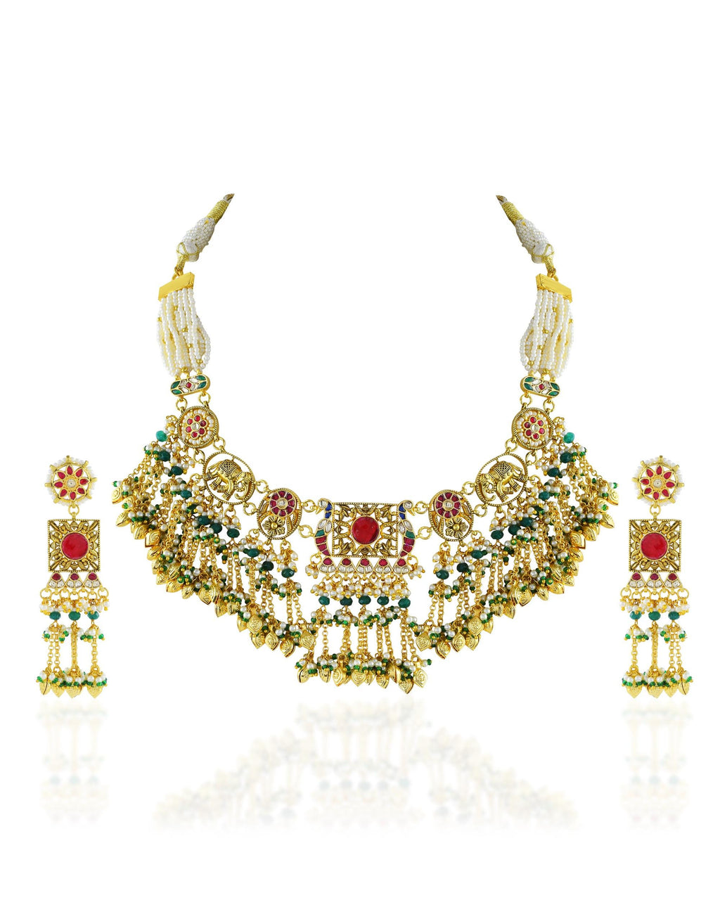 Antique Gold Elephant Choker Necklace Set with Ruby Emerald Kundan Bridal Jewelry