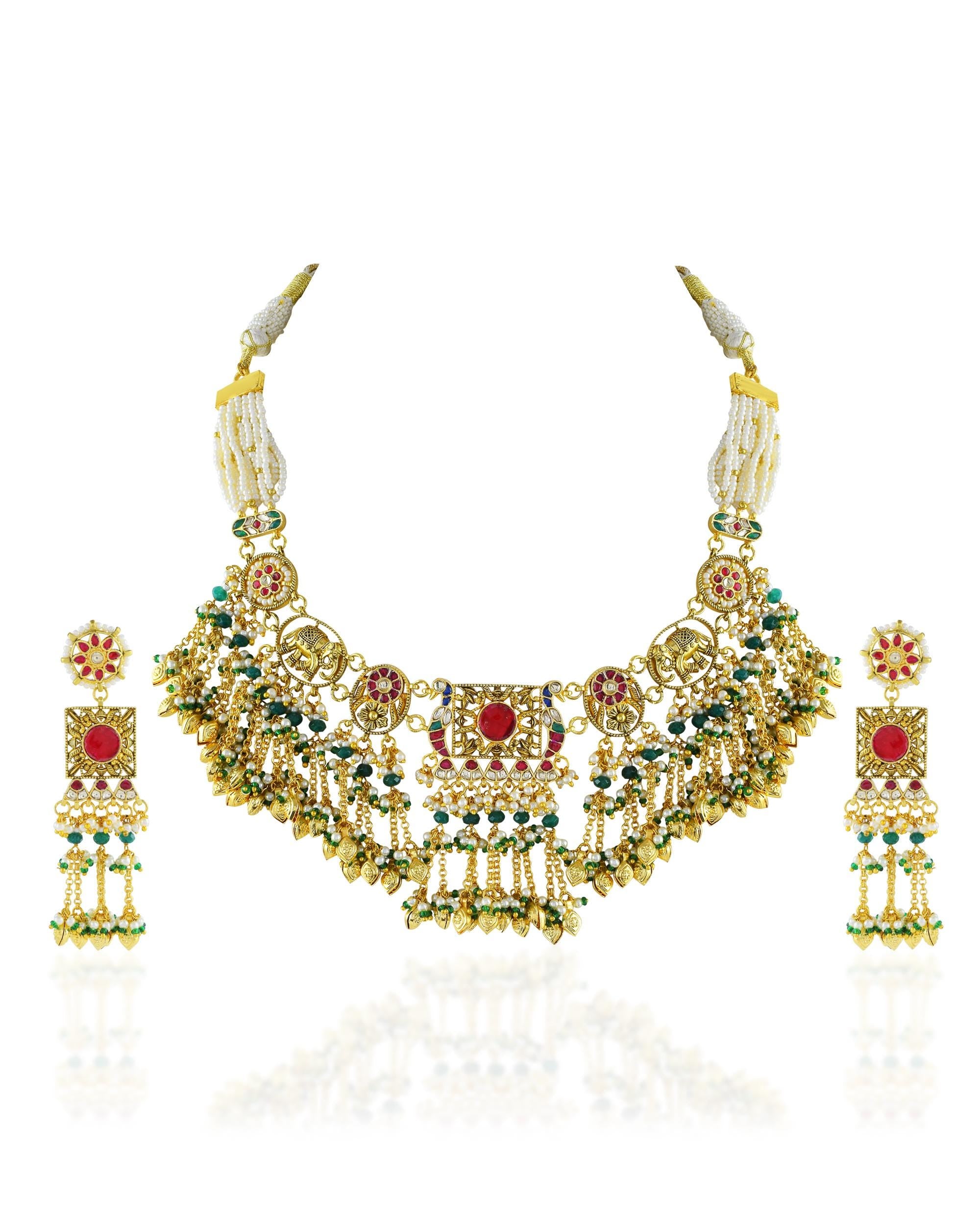 Antique Gold Elephant Choker Necklace Set with Ruby Emerald Kundan Bridal Jewelry