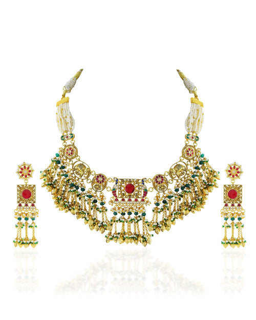 Antique Gold Elephant Choker Necklace Set with Ruby Emerald Kundan Bridal Jewelry
