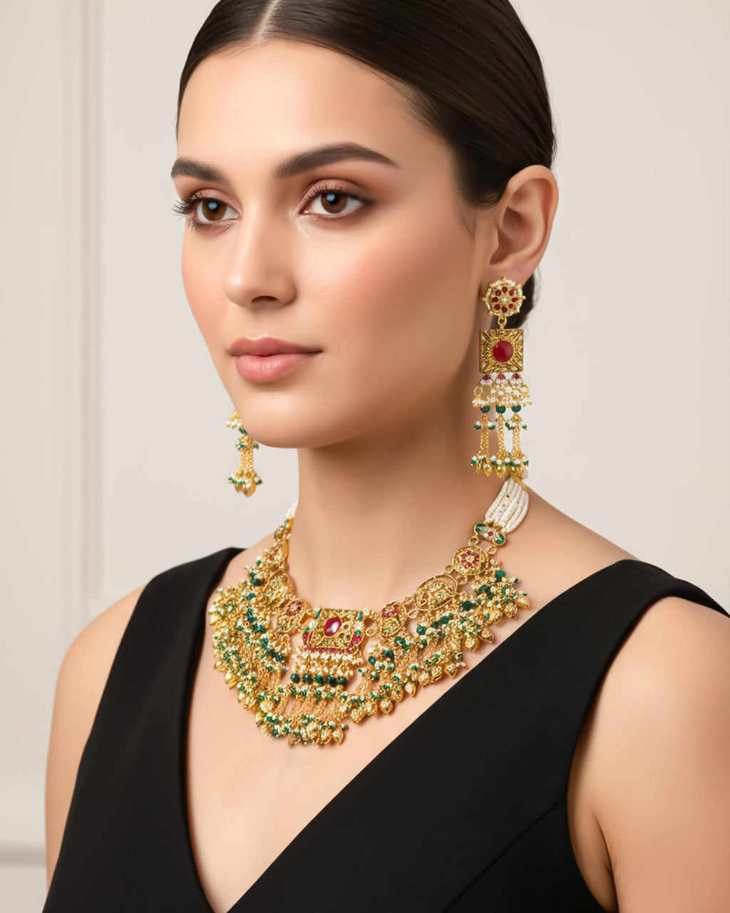 Antique Gold Elephant Choker Necklace Set with Ruby Emerald Kundan Bridal Jewelry
