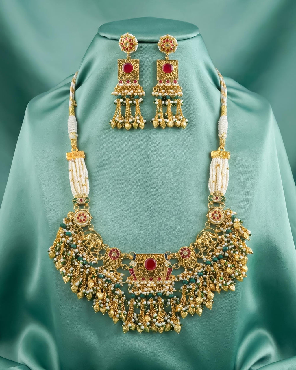Antique Gold Elephant Choker Necklace Set with Ruby Emerald Kundan Bridal Jewelry