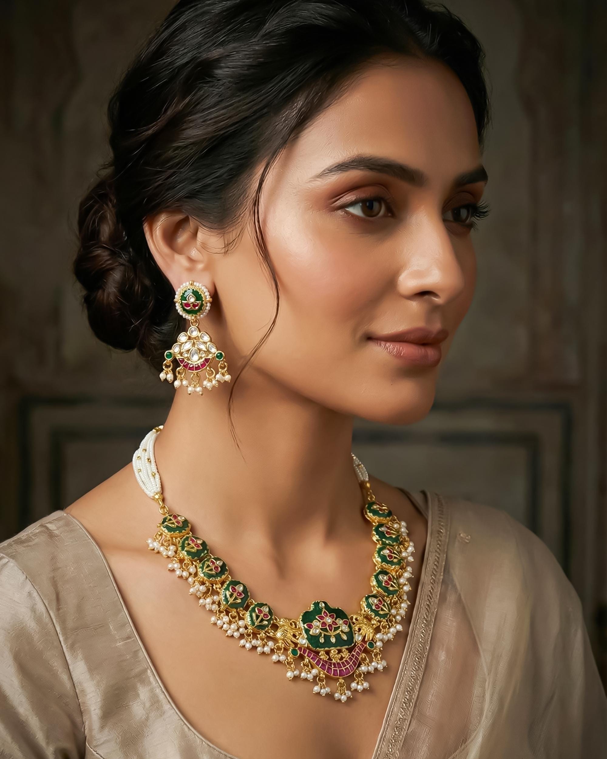 Carved Emerald Green Lotus Necklace Set  Multi-Strand Pearl Hasli Bridal Jewelry
