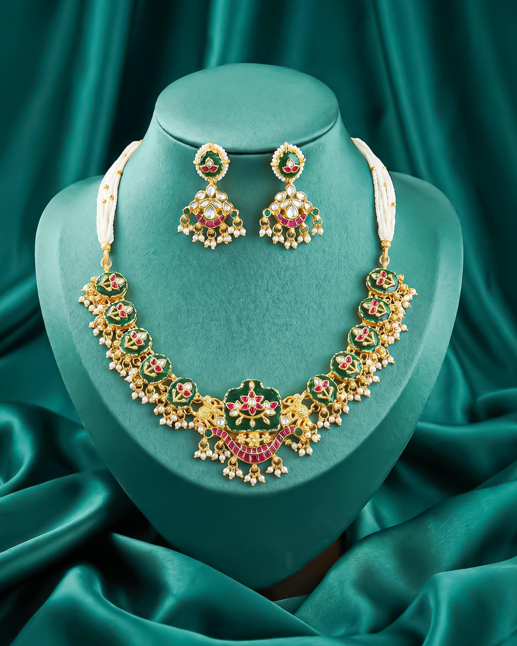 Carved Emerald Green Lotus Necklace Set  Multi-Strand Pearl Hasli Bridal Jewelry