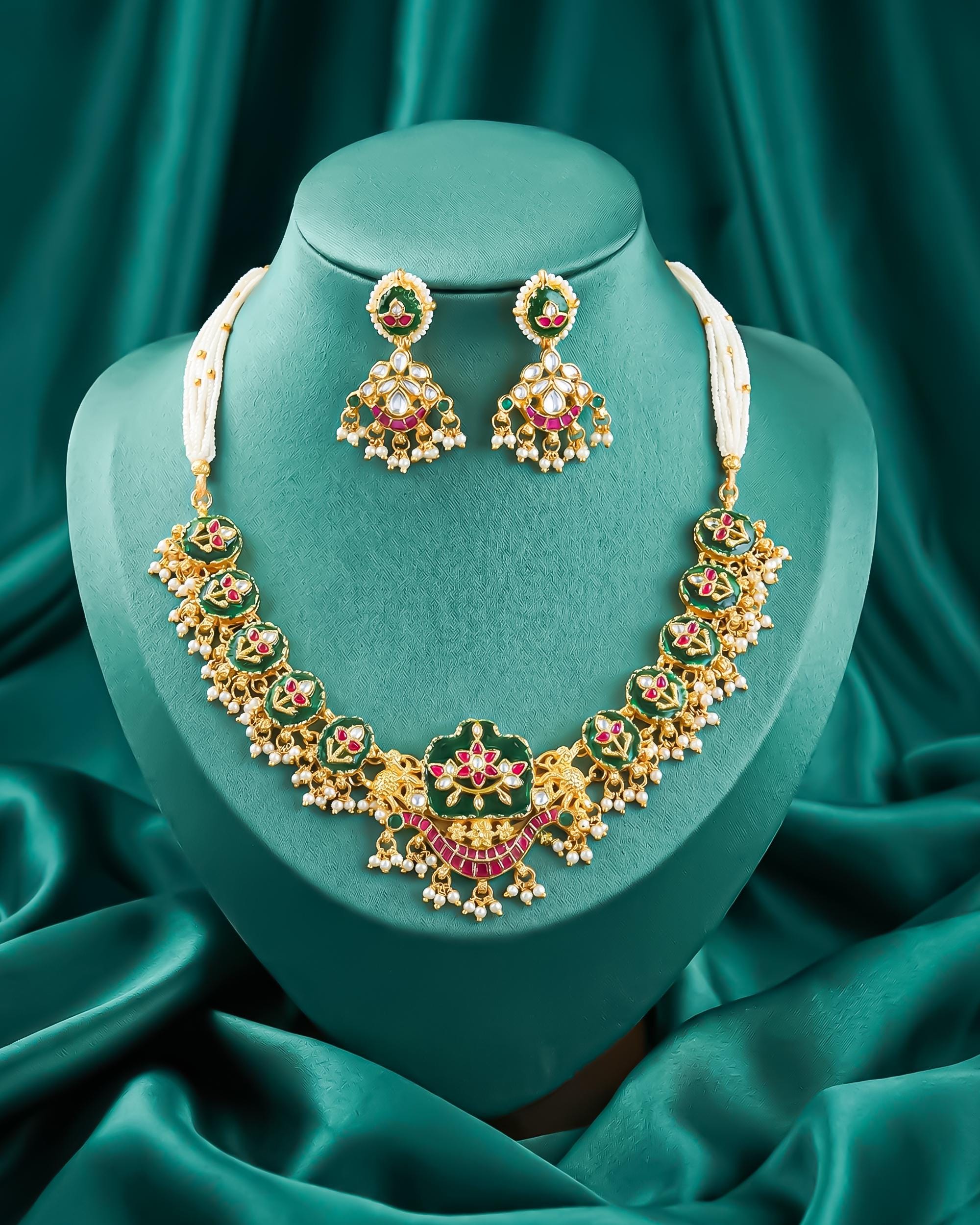 Carved Emerald Green Lotus Necklace Set  Multi-Strand Pearl Hasli Bridal Jewelry