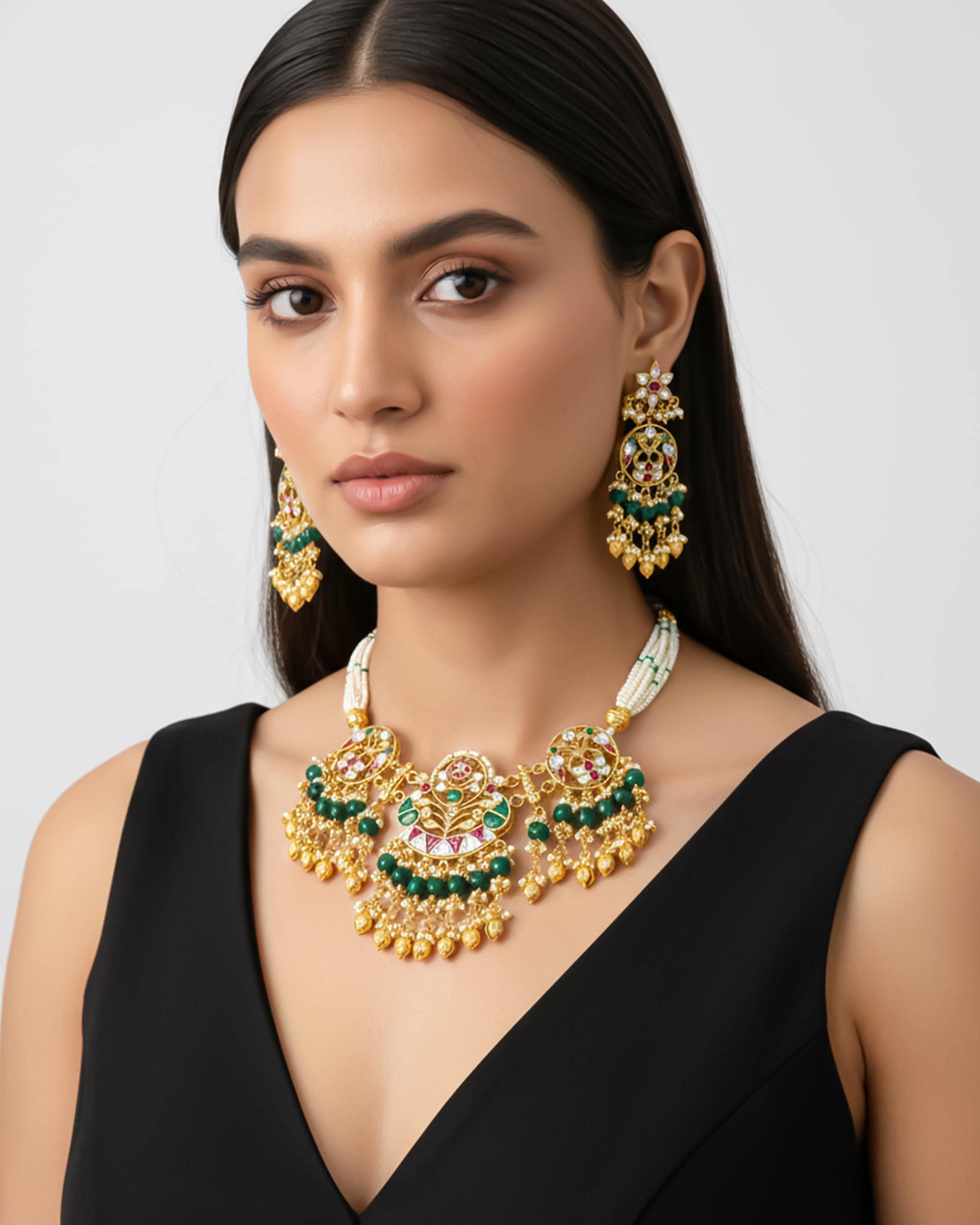 bridal jewelry set Kundan Choker Necklace Set  Antique Gold Pearl Emerald Mala Bridal Jewelry