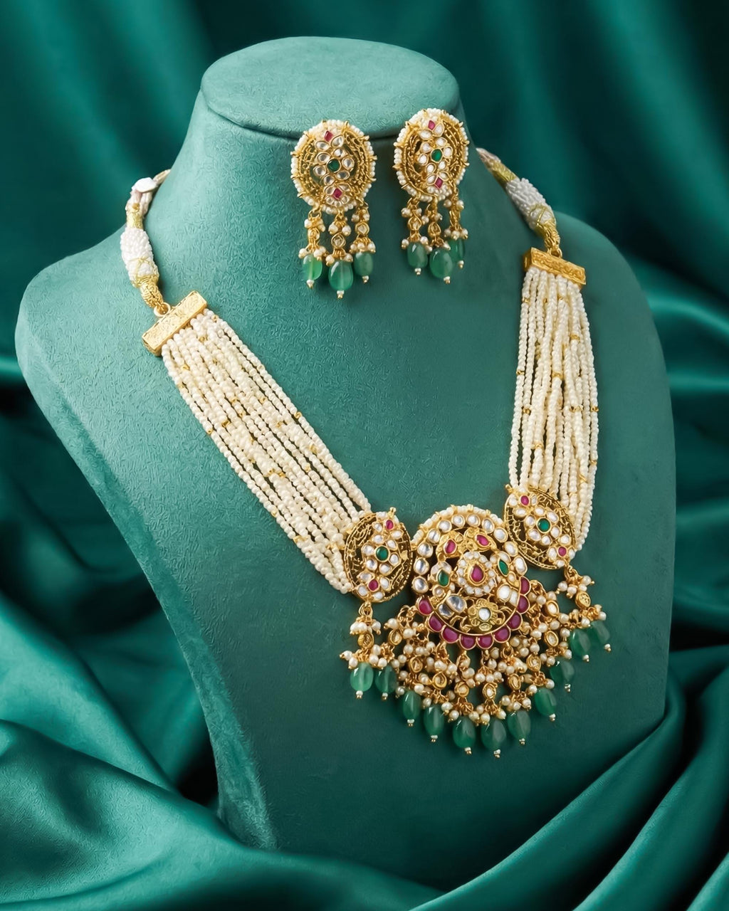 Kundan Medallion Choker Set  Multi-Strand Pearl Mala Necklace, Antique Gold Emerald Drops