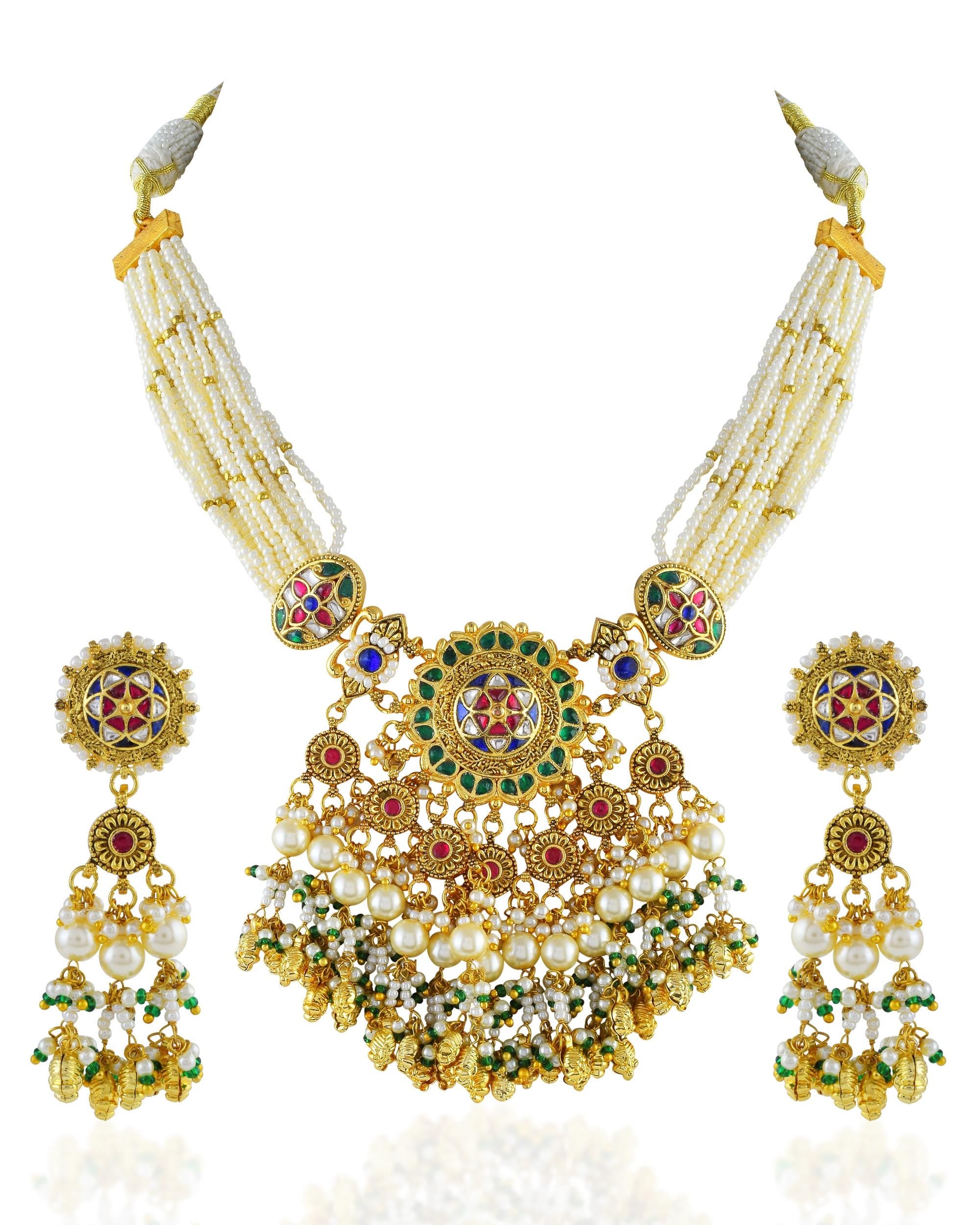 Antique Gold Navratna Pendant Set  Multi-Strand Pearl Mala Choker