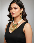 Antique Gold Navratna Pendant Set  Multi-Strand Pearl Mala Choker