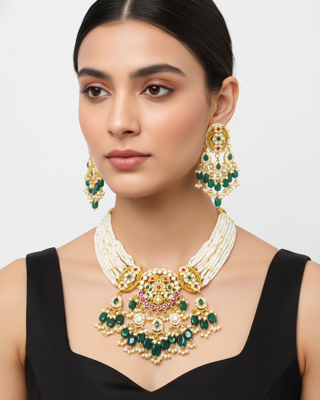 Royal Kundan Choker Set  Multi-Strand Pearl Mala Necklace, Emerald Green Drops