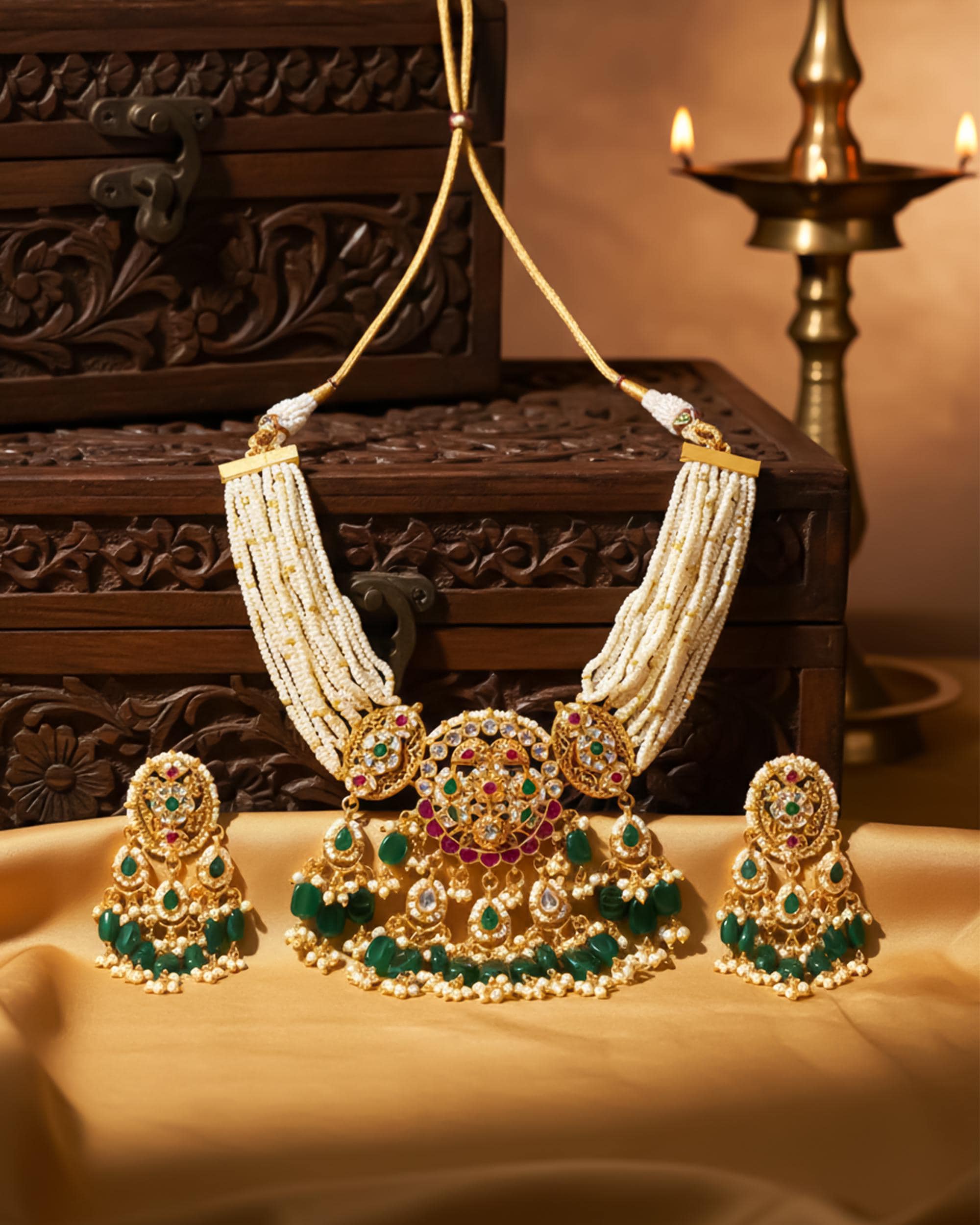 Royal Kundan Choker Set  Multi-Strand Pearl Mala Necklace, Emerald Green Drops