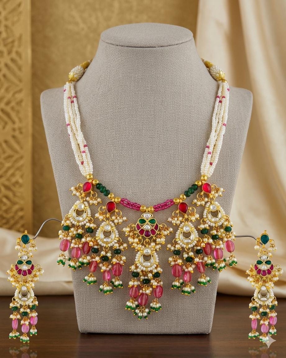 Multicolor Kundan Necklace Set, Pink Beads, Pearls, Indian Bridal Jewelry, Statement Ethnic Earrings