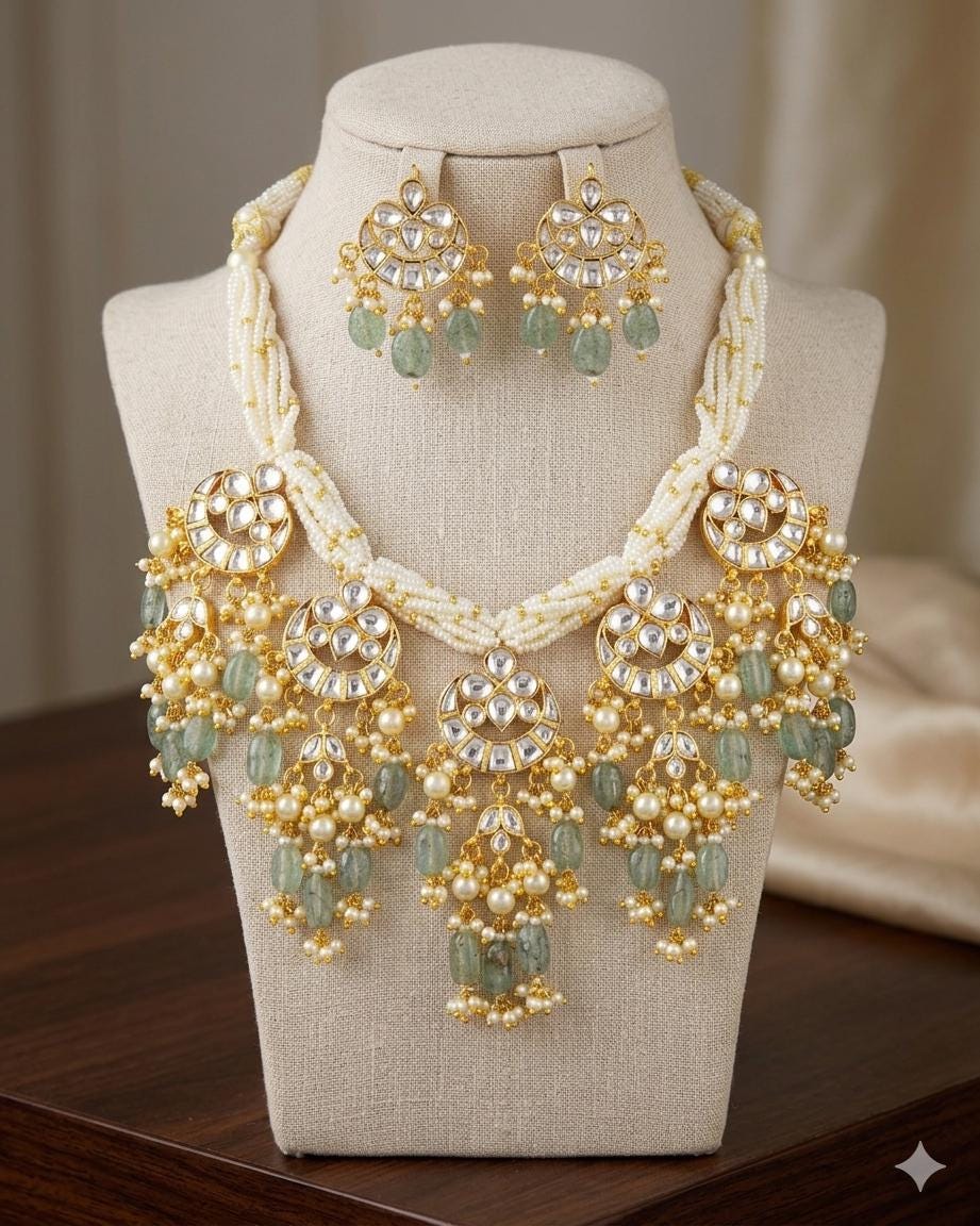Heritage Multi-Strand Pearl & Pachi Kundan Statement Necklace Set with Sage Green Gemstone Drops