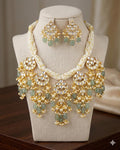 Heritage Multi-Strand Pearl & Pachi Kundan Statement Necklace Set with Sage Green Gemstone Drops