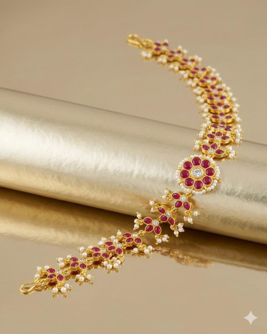Kundan Pearl Sheeshpatti | Ruby Stone Vine Headband, Ethnic Wedding Accessory