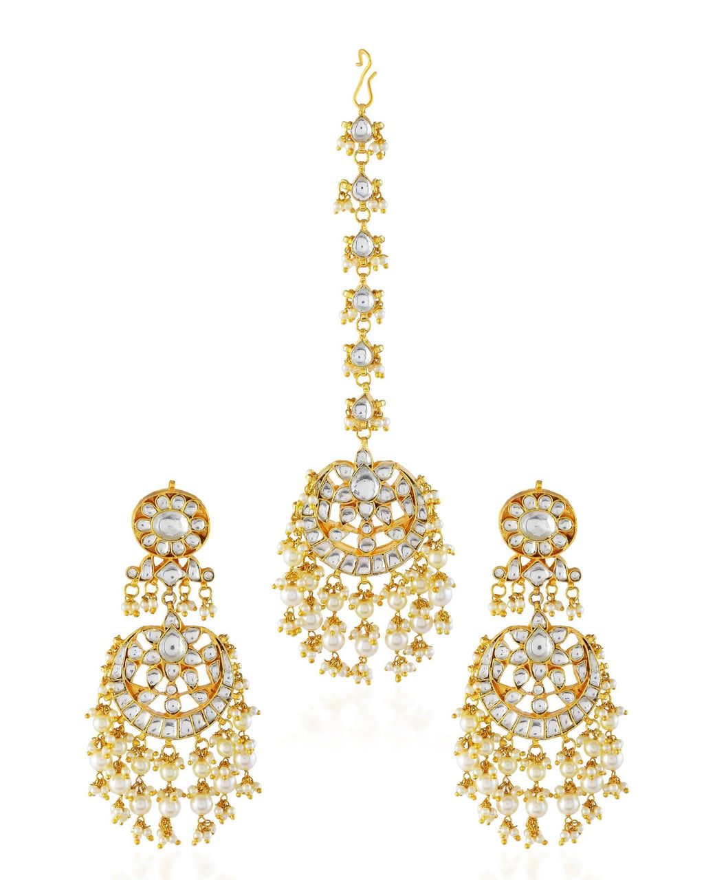 Pearl Kundan Maang Tikka Earrings Set | Traditional Indian Bridal Wedding Jewelry