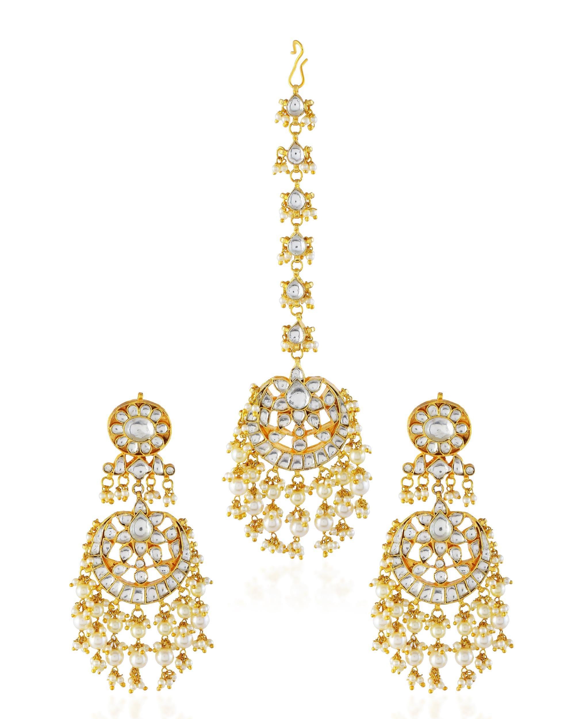 Pearl Kundan Maang Tikka Earrings Set | Traditional Indian Bridal Wedding Jewelry