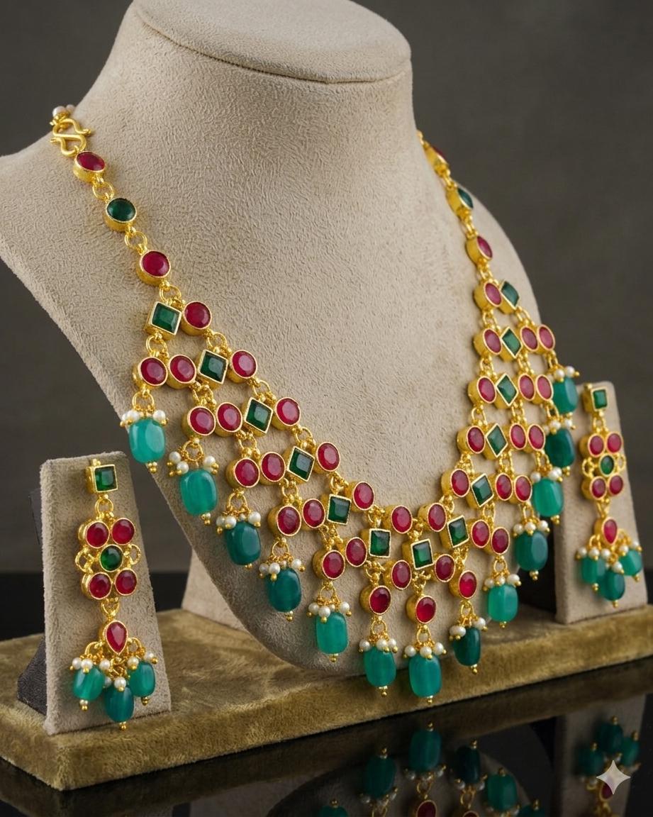 Statement Kundan Bib Necklace Set | Red Green Bridal Jewelry, Gold Tone Earrings