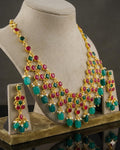 Statement Kundan Bib Necklace Set | Red Green Bridal Jewelry, Gold Tone Earrings
