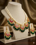 Traditional Indian Bib Choker Necklace Set, Red Green Pink Beaded Statement Jewelry